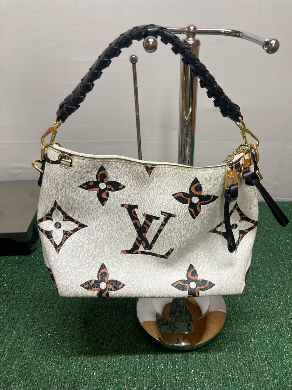 Designer-Inspired White Monogram Tote with Black Braided Handle (OKPM-05-011)